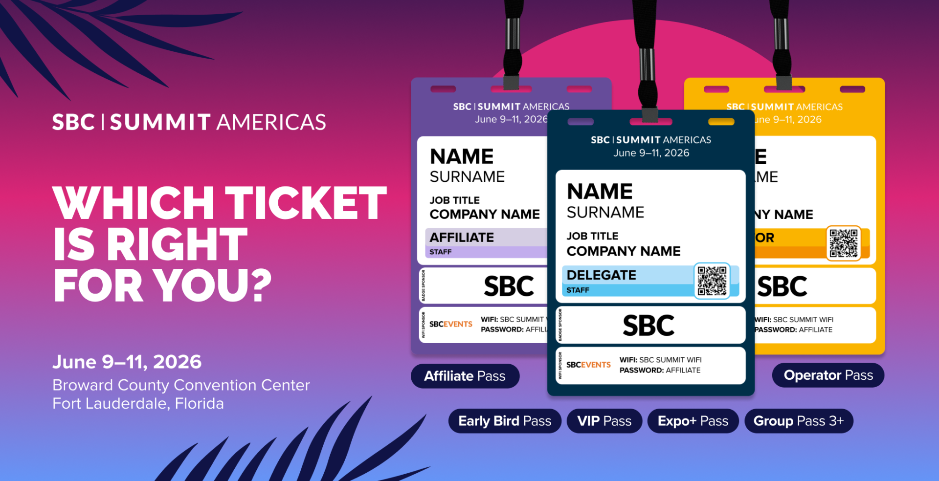 Which SBC Summit Americas Ticket Is Right for You? Next June, SBC’s pan-American event, SBC Summit Americas, returns to Florida to address the key developments shaping the sports betting and iGaming industries across North and Latin America. Taking place at the Broward County Convention Center in Fort Lauderdale from June 9–11, 2026, the event will feature a show floor hosting 400 exhibitors, a world-class conference agenda with 250+ expert speakers, and exclusive evening networking events designed to strengthen connections across the gaming industry in the Americas. With a range of ticket types to choose from, each with varying access to the event, it can be difficult to know which one is best suited to you. Consider this blog your comprehensive ticket guide to all your options, along with some helpful advice to help you choose the right pass for your needs. Advantages of Securing Your Ticket Early Before we get into the various ticket options available at SBC Summit Americas, you’re probably wondering why we are even talking about tickets. After all, the event doesn’t take place until next June! Well, to keep things simple, securing your pass early comes with a range of benefits that can really elevate your overall event experience. By securing your pass early, you can: Make provisions for accommodation and travel well in advance to secure the best prices. Promote your participation at the event early: Post that you’re attending the event under the #SBCSummitAmericas on LinkedIn to expand your reach at the event. Plan ahead for speaking opportunities, identify key people to meet, and strategise early. Give SBC the opportunity to promote your participation at the event early on. Allow your company to effectively plan for 2026, without crippling the budget. The Full Experience: VIP Event Pass When it comes to discussing ticket options, it only makes sense to start with the most comprehensive of our passes: The VIP Pass. This is your golden ticket to unlocking every aspect of SBC Summit Americas, from conference and networking to show floor exploration. It even covers food and drinks for the week! Want to know more? Here’s what the VIP Event Pass gets you: 🎰 Entry to the Show Floor: Enjoy full access to the event’s show floor, where you’ll be able to connect with over 400 exhibitors and sponsors that are helping to shape the North and Latin American markets. 🎤 All educational content: Hear from 250 top-level speakers sharing strategies and insights across six stages. From leadership and regulation to payments, affiliation, and player protection, you’ll get the full picture of what’s shaping the betting and gaming industry across the Americas. 🥂 Evening Networking Sessions: Networking doesn’t end when the show floor closes. Our exclusive evening events give you the chance to connect with industry peers in a relaxed, informal setting. Exclusive to VIP Pass Holders, you’ll gain access to both our Opening Party, hosted at The Wharf, and our INFINITY Florida closing Party, hosted at Daer Nightclub within the iconic Hard Rock Hotel. 🍴Free Food & Drink: Every VIP Pass comes with a complimentary pre-loaded card for you to spend at our food festival. Meaning you can refuel, recharge, and make new connections over great food. 📲 Full Access to our SBC Connect App: A VIP Event Pass unlocks the full potential of our dedicated event app, SBC Connect. View the conference agenda, send messages to fellow attendees, and send unlimited meeting requests. 🎥 On-demand Conference Content: VIP Event Pass holders can watch panel sessions back on demand, meaning you don’t have to worry about missing a conference session if it clashes with a meeting or networking event! Who is This Pass Ideal For? The VIP Event Pass is ideal for anyone who wants to make networking at SBC Summit Americas a priority. It’s the only pass that gives you access to our exclusive evening networking events, which can be ideal for working on deals and building new industry relationships in a more relaxed atmosphere. Save on the VIP Pass with our Early Bird Deal While it might be a while until we welcome you all to Florida, buying a ticket early comes with significant benefits. How, you ask? Introducing: Our Early Bird deal. Our Early Bird Pass gives you a full VIP Event Pass for just $400! That’s a saving of $300 on a full price ticket, meaning you get the best of the event for the best value! 🚨 Our Early Bird Pass expires on March 14, 2026, so act fast to secure those savings! Missed the Early Bird? If you’re bringing a team of three or more people, you can still get incredible savings, all thanks to our Group Pass discount! Our group pass means you’ll secure each ticket for just $500 instead of $700 - leading to you or your company saving $600 overall. It’s the perfect option for companies sending multiple colleagues who missed the Early Bird Discount. Key Tip: To secure the Group Pass discount, all the attendees you’re sending need to be registered at the same time. Purchase your Group Pass here. Expo+ Pass Next on the list is our Expo+ Pass, and as you might have guessed from the name, it brings you all the benefits of accessing the exhibition floor, so you’ll be able to connect with over 10,000 attendees, over 400 exhibitors, and make use of the show floor’s networking lounges. Aside from having full access to the show floor, you’ll be able to attend the full range of the event’s educational content program. That means you’ll be able to gain real-world insights and tactics from industry leaders on the following stages: Leadership Stage: Hear from C-Level executives shaping the markets of Latin and North America. North America Stage: Discussing the latest regulatory updates across North America, as well as the trends defining the North American market. Latin America Stage: Hear regulatory updates from the likes of Brazil, Chile, and Argentina and discover the trends that are shaping the market in Latam. Payments & Tech: Industry leaders in the payments and tech industry discuss how innovation could transform payment speeds, AML, fraud, and compliance measures in North America and Latam. Marketing & Affiliates: Industry leaders share how to market your business effectively and the latest trends shaping the affiliate industry. Player Protection Stage: Learn how tech is boosting player protection and what companies can do to ensure compliance. Expo+ Pass Holders also have access to the SBC Connect App, where they can access the conference agenda, message fellow attendees, and arrange meetings at the SBC Connect Lounge. What’s NOT included? Access to Evening Events: Our evening networking events are a key part of the SBC experience, and often, where the best deals are done. So if you want access to our Opening Party on Tuesday, June 9, and our INFINITY Florida Party on Thursday, June 11, you’ll have to upgrade to a VIP Pass ticket! Complimentary Food and Drink: VIP Passes get a complimentary pre-loaded food card to spend at our Food Festival. Expo+ attendees can still access our Food Festival, but will be paying out of their own pocket! Who’s This Pass Ideal For? The Expo+ Pass is ideal for professionals who want access to the exhibition and conference sessions without committing to the full VIP experience. It’s a great option if you’re working with a tighter budget or prefer to focus on daytime content. At $95, it offers exceptional value — but if after-hours networking is a key part of your goals, you’ll want to upgrade to the VIP Event Pass for the complete experience. Our Free Option: The Expo Only Pass Our Expo Only Pass is ideal for attendees on a budget - because it’s completely free! With this pass, you’ll be able to wander the expo, visit exhibitor stands, and strike up conversations with fellow attendees in our networking lounges. Who is This Pass Ideal for? Companies looking to bring a large team to Florida without breaking the budget. Industry newcomers looking to build connections in the iGaming landscape and explore the industry’s latest developments. Please Note: This ticket only grants you access to the exhibition floor - if you’re interested in our conference agenda or evening networking events, you will need to upgrade. Operator Pass and Affiliate Pass: Free VIP Treatment Did you know that if you’re working for an operator or an affiliate, you’re eligible for a completely FREE pass that’s equivalent to a VIP ticket? That’s right, no hoops to jump through, no hidden catches, simply apply, and wait for a member of our team to register you (after confirming that you do indeed represent an operator or affiliate). Access to all networking events, educational content, and exhibitors for free? It sounds too good to be true, but it's not! Affiliates apply here. Operators apply here. Notes: It typically takes our team up to three working days to process your form. If you have applied for a ticket and have not received an email with your ticket after 3-5 working days, please feel free to reach out to us at info@sbcgaming.com. If our relationship team has any questions about your application, they will contact you to request clarifications. Exhibitor or Sponsor Passes Exhibiting or sponsoring at SBC Summit Americas is the perfect way to maximise your company’s presence at the event — showcasing your brand while your team networks, learns, and builds relationships that drive results. And even better, they include a set number of complimentary VIP Passes, giving your team full access to the show floor, conference sessions, and exclusive evening parties. The exact number of VIP Event Passes depends on your level of exhibition space or sponsorship package. Check with your Customer Success representative to confirm how many passes are included in your package and how many of these are VIP Level (this will vary depending on your exhibition or sponsor package)! This way, you’ll know exactly what your team is entitled to and can plan ahead if you need extras. Other Types of Passes Sales Team Discount: You might receive a special discount from our sales team to attend the event. This sales team discount offers 50% off the price of the VIP Event Pass and is available to SBC’s valued friends and clients. (To find out if you’re eligible, reach out to your allocated sales manager.) Media and strategic partners receive full complimentary access to the event with a Partner Pass (which is essentially a VIP Event Pass). If you’re a partner, reach out to becca.kocar@sbcgaming.com to claim your pass. How to Collect Your Passes Once you’ve selected your pass, you’ll receive an email from us with your confirmation (you might have to check your spam folder if you can’t see it!). In your confirmation, you’ll have the option to add your pass to your digital wallet - which you can tap on our ticket scanners to print your pass when you arrive. Here’s how to collect your pass in Florida: Tuesday, 9 June 12:00 pm - 5:00 pm: While the show floor and conference won’t be open, you’ll be able to beat the Wednesday queues by picking your badge up from our venue, the Broward County Convention Center, and beat the rush! Wednesday, 10 June 8:00 am - 6:00 pm: Registration opens at the Broward County Convention Center for you to collect your badge! Thursday, 11 June 8:00 am - 5:00 pm: Missed the first day? Not to worry, you can still pick up your badge at our registration desk. Badge Colours at a Glance If you haven’t visited an SBC event before, you might not be aware of our badge colour code system. By allocating a colour to every type of badge, you’re able to know who you’re talking to at a glance when networking. Here’s a colour breakdown: 🟠 Operator Passes 🟣 Affiliate Passes 🔵 All other attendees Final Thoughts Each pass offers great value, but the right choice depends on what you want to get out of SBC Summit Americas. If you’re looking to experience everything — from the buzzing show floor to the biggest evening parties — the VIP Event Pass delivers it all.