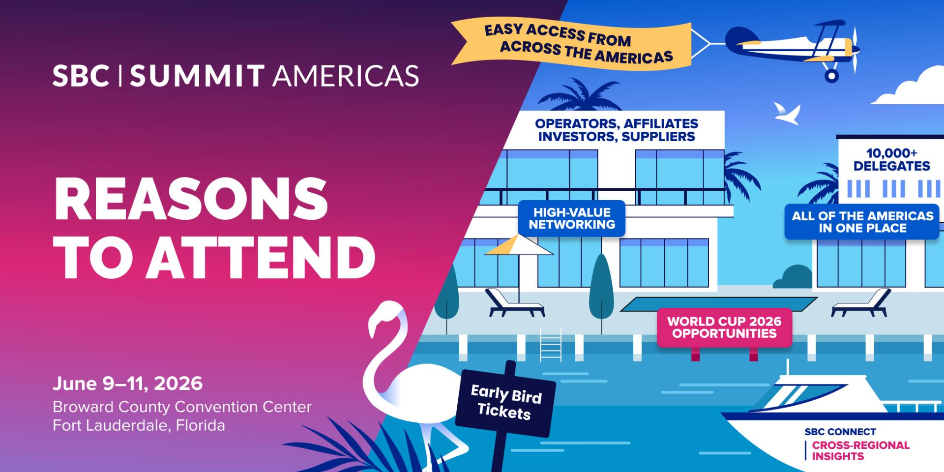 Thinking about joining us in Florida from 9-11 June 2026? SBC Summit Americas is the only event bringing the North, Central, and South American gaming markets together in one place. Delegates will be able to browse a show floor featuring over 400 exhibitors, hear from regulators and C-level executives on where the industry is headed, and attend exclusive evening networking events such as INFINITY Florida. In this blog, we'll break down exactly why SBC Summit Americas stands apart from any other event in the region, and what makes attending essential—whether you're an operator, affiliate, supplier, or investor. The Only Event Uniting North, Central, and South America Last year marked the launch of SBC Summit Americas, created after our previous regional events – SBC Summit North America and SBC Summit Latinoamérica – outgrew their individual venues. Combining the events allowed us to do something the industry hadn’t seen before: create a single meeting point where the entire American gaming landscape connects in one place. Here’s why that’s a huge advantage for our attendees: It brings more than 10,000 delegates from the United States, Central America and Latin America into one room, creating opportunities for business deals and knowledge sharing. It replaces several separate trips with one focused week, streamlining meetings, education, and commercial conversations. It gives you a clear, side-by-side view of key regions, showing how Brazil operates differently from Colombia, how Mexico’s regulatory approach stacks up against the U.S., and where the strongest opportunities are emerging. It makes cross-border partnerships easier and faster, with decision-makers from every major jurisdiction in the same venue. It delivers unmatched access to operators, suppliers, affiliates and regulators, and across the hemisphere. With audiences from North and Latin America in one place, the event has naturally evolved into a summit where meaningful business conversations happen quickly and face-to-face. A Strong Operator & Affiliate Presence SBC Summit Americas brings together one of the strongest concentrations of operators and affiliates in the region. With more than 4,000 operators and 1,000 affiliates expected in 2026, the event puts you in front of genuine decision-makers from every major market in the Americas, creating a room where real deals, brand exposure, and long-term opportunities are built. To support this, eligible operators and affiliates can secure a complimentary VIP Event Pass, giving them full access to the show floor, the entire conference programme, and all evening networking events. For operators and affiliates, it means: A cost-free way to explore solutions, compare platforms, and make new connections. Access to over 400 exhibitors in one place. The ability to benchmark, negotiate, and build relationships face-to-face If you’re on the supplier side, that means you’ll benefit from: Over 5,000 buyers on the show floor are engaged in the North and Latin American market, looking to secure solutions that elevate their business. Easier access to multi-market operators looking for partners. A higher chance of meaningful, long-term commercial discussions. The chance to have conversations with new market entrants. In other words, SBC Summit Americas is built to benefit both sides of the buyer-supplier relationship by concentrating decision-makers, lowering barriers to entry, and creating an environment where commercial conversations move forward faster. Operators and affiliates can apply for their free VIP Passes here. Perfect Timing for Business Success Timing matters. Most major industry gatherings fall at the start or end of the year, which leaves a long stretch where teams are executing plans without the chance to reassess. With SBC Summit Americas taking place from 9–11 June 2026, it lands at the exact point where businesses need space to review what’s working, adjust strategy, and set up the second half of their business pipeline going into Q3 and Q4. By joining in June, you can: Review your first-half performance with enough time to adapt for Q3 and Q4. Identify partners and opportunities while plans are still flexible. Adjust product, marketing, or compliance strategies with fresh insight. Set Up Your Strategy Before the World Cup Kicks Off As any operator will know, the World Cup is the single biggest time for its sportsbook business. At the last tournament, Forbes estimated that $160 billion was wagered on the event. The 2026 World Cup will be hosted across the US, Canada, and Mexico, creating a rare convergence where North and Latin America share the same spotlight. For gaming industries across both regions, it's an unmissable opportunity to engage their football-obsessed player bases. While the World Cup will kick off just a week after SBC Summit Americas, the conference programme gives you a final chance to prepare for football’s biggest moment. Sessions like World Cup 2026: Turning the Global Stage into Long-Term Growth and The Future of Sports Betting in Latin America will explore how operators across North and Latin America can harness the surge in World Cup interest and convert it into lasting, long-term growth. And for football fans attending the event, the timing is unbeatable. Miami Stadium will host Match 13 on Monday, 15 June — just four days after the summit ends — giving delegates a rare chance to extend their stay and experience the World Cup firsthand. Two Dedicated Side Summits SBC Summit Americas is built to serve the entire gaming ecosystem, and a major part of that is our two specialised side summits — the Affiliate Leaders Summit and the Payment Expert Summit. These side summits create a dedicated space where payments and affiliates teams can connect directly with operators and suppliers and dive deeper into their own part of the industry through focused stages, targeted sessions and relevant networking. Affiliate Leaders Summit The Affiliate Leaders Summit brings together regional and global affiliates, operator affiliate managers, supplier-side marketing teams, media buyers, and creators in one dedicated environment, giving attendees a clear view of how acquisition strategies are evolving across the Americas. With its own conference stage and show floor, the Affiliate Leaders Summit helps delegates understand how to drive sustainable acquisition through stronger optimisation, smarter content strategy, compliant cross-border campaigns, and better collaboration between affiliates and operators. With its own show floor and conference stage, the Affiliate Leaders Summit offers: A focused show-floor to explore new tools, platforms, and affiliate-specific solutions. Panel sessions and workshops exploring the latest strategies and tools driving acquisition, retention and long-term player value in the region. Dedicated networking zones designed to spark connections between both peers and new business partners. A strong concentration of operator-affiliate programmes, allowing you to find new partnerships. Payment Expert Summit The Payment Expert Summit brings the region’s payments, fraud, risk, compliance and product teams into one dedicated environment, giving attendees a clear view of how transactional infrastructure is evolving across the Americas. With its own conference stage and show floor, the Payment Expert Summit helps operators, suppliers and fintech providers understand how to build faster, safer and more compliant payment journeys across diverse regulatory environments. This summit provides a focused space for: Deep dives into instant payments, open banking, digital wallets, PIX, biometrics and emerging fintech solutions. Practical discussions on fraud prevention, AML requirements, cybersecurity, data protection and compliance workflows. Insights into how payment preferences differ between North and Latin America — and what that means for onboarding, deposits, withdrawals and player trust. A Place Where Decision Makers Gather SBC Summit Americas brings the industry’s most influential figures into one place. For attendees, this means you interact with the people who set budgets, shape strategy and make the decisions that move the industry forward. At the centre of this is the invitation-only SBC Leaders Summit Americas, which brings together 300 senior executives from across the hemisphere – C-level operators, affiliates, suppliers, regulators, investors and association heads. Attendance is carefully selected to ensure the room is filled with the people who influence policy, guide investment, and drive market-shaping decisions. Industry leadership will also be found across panel debates, and exploring the exhibition floor at SBC Summit Americas. Their participation brings boardroom-level thinking into the broader conference environment, transforming the event into a space where strategic direction, market forecasting, and high-level operational insights are openly shared. For exhibitors, sponsors, and delegates, this creates a uniquely high-value environment: Direct access to decision-makers who control budgets, partnerships, investment pipelines, and product rollouts. Faster pathways to deals, as conversations happen face-to-face with the individuals capable of signing off on commercial agreements. Visibility with leaders from multiple markets, helping companies position themselves as serious players in both North America and Latin America. A Range of Ticket Options to Suit Your Needs and Budget With a range of ticket options available, you might be wondering which ticket type is right for you. Here’s the lowdown: VIP Pass ✅ Full access to the show floor. ✅ Access to all conference sessions. ✅ Complimentary food festival card. ✅ Access to our Opening Party. ✅ Access to our INFINITY Florida Closing Party. ✅ Unlimited messages and meeting requests on SBC Connect. ✅ Watch back all content on demand. Our Early Bird deal means you can pick up a ticket for just $400 instead of the usual $700, but hurry, this deal ends on March 14. Expo+ Pass An Expo+ Pass gives you full access to the show floor and every conference session, but it doesn’t include evening networking events or the food festival. Here’s what it gets you: ✅ Full access to the show floor. ✅ Access to all conference sessions. ✅ Limited messages and meeting requests on SBC Connect. ✅ Watch back all content on demand. ❌ Access to our Opening Party. ❌ Access to our INFINITY Florida Closing Party. You can pick up an Expo+ Pass for just $95. Expo Only Our FREE option. This pass allows you to access the show floor only. It’s perfect for those that are either exploring the industry or on a budget. ✅ Full access to the show floor. Get yours here. To find out which ticket is right for you in more detail, read our blog here. Uniting the Online and Land-Based Sectors of the Americas Most gaming events across the Americas lean heavily toward land-based. It makes sense — the US has the largest retail casino sector in the world. But for online operators, affiliates, suppliers and digital product teams, critical discussions are left on the sidelines. SBC Summit Americas flips that balance. Online gaming sits at the centre of the summit, anchored by a 22,000-square-metre show floor with dedicated zones for sports betting, iGaming, payments, casino tech, and affiliate marketing. It’s built for the teams driving digital growth, user acquisition, platform innovation and player engagement. For online-focused exhibitors and delegates, that means: More online-first operators and decision-makers in the room — from regulated sportsbook and iGaming teams to digital acquisition, product, and technology leads. A show floor shaped around digital tools, including fintech, platform systems, identity verification, compliance tech, AI solutions and modern marketing products. Conference content that mirrors online priorities, covering multistate expansion, mobile-first LATAM markets, acquisition and retention strategies, personalisation and long-term digital growth. At the same time, the summit attracts a strong mix of land-based and lottery operators exploring online expansion, giving digital businesses access to partners who are actively building omnichannel strategies. In short, SBC Summit Americas delivers the most online-focused audience and commercial environment in the region — while still connecting you with the land-based stakeholders shaping regulation, market access and long-term omnichannel growth. Deep, Multi-Market Learning Across Six Conference Stages SBC Summit Americas’ educational agenda gives delegates a panoramic view of the regulatory shifts, technological innovation, and gaming trends shaping both the North and Latin American markets. Across six stages, delegates will hear from leading voices on our Leadership, Sports Betting and Casino Innovation, Payments, Technology and Affiliate Marketing tracks. Each track runs over two days: one day dedicated to North America, and one day dedicated to Latin America, making it easy for delegates to follow the sessions that matter most to their region. All sessions are built to be accessible to both English- and Spanish-speaking audiences, with live translation available throughout the agenda. Here’s a taste of what will be covered on each stage: Leadership Across the Americas – Senior executives and regulators from both regions will unpack the forces shaping key markets. Expect leadership insights into the markets Brazil, Colombia and Mexico, and discussions over the future of US gaming. Regulatory Clarity on the Americas - Regulator-led updates on upcoming changes across Brazil, Mexico, Colombia, Argentina, Chile and key U.S. states, plus insight into black-market challenges and emerging models like prediction markets. Payments & Tech Innovation - LATAM sessions dive into PIX, digital wallets and rapid-payment systems, while North American experts focus on biometrics, open banking and the next wave of compliance innovation. Affiliate Success Across the Americas - Insight into successful acquisition and retention strategies in Latin and North America. Learn about brand building, creator-led content, performance models, and fast-growing channels, including Google Ads, TikTok, podcasts, and livestreaming. Responsible gaming and player protection: Unpack modern, data-led approaches to safer gambling in North and Latin America, including real-time interventions, personalised tools, and improved self-exclusion systems. Key Panel Sessions to Look Out For: The Big Picture: Steering the Future of Gaming - US industry leaders will provide a holistic view of the market, highlighting regulatory change, new betting formats, and how operators can position themselves for the next wave of growth. Regulator Rumble: The future of LatAm - Latam regulators will discuss the roadmap for regulation across the region and what can be learned from the regulated markets of Brazil, Colombia, and, Mexico. Prediction markets: The Future of the States? - Prediction platforms like Kalshi and Polymarket are dominating the US, but will they last in their current form? Major US regulators and executives will give their thoughts. PIX: Instant Payments - Pix has reshaped how payments work in Brazil, with instant transfers, smoother onboarding, and stronger fraud controls. This panel will explore where Pix goes next and whether it can become a blueprint for gaming payments across LatAm. AI, Martech & the Player Journey: Redefining Engagement - A look at how AI and next-gen MarTech are reshaping acquisition and retention, with practical insight on smarter targeting, automated workflows, and how data-driven tools can boost loyalty across the Americas. View the full conference agenda here. Cross-Market Learning You Won’t Find Anywhere Else Brininging together stakeholders across both regions creates a golden opportunity for cross-border collaboration, benchmarking and knowledge sharing. Here’s how attendees from both sides of the hemisphere can benefit: See how different markets solve the same challenges, from compliance and payments to acquisition, retention, and omnichannel strategy. Learn how LATAM’s mobile-first, creator-led marketing can inspire fresh approaches for US and Canadian teams. Understand how North America’s mature regulatory frameworks and tech infrastructure can support LATAM operators scaling quickly. Benchmark your own strategy against two contrasting regions, gaining a clearer sense of what works, where, and why. Together, these perspectives create a genuinely valuable learning environment. Rather than viewing regions in isolation, delegates can compare approaches, understand shared pressure points, and see the growth models shaping the wider market side by side. Hospitality that Goes the Extra Mile While business stands at the heart of what we do, we’re also in the business of creating experiences that our attendees remember. Here are some of the features that allow us to do that: A Dedicated Food Festival Dozens of food trucks offering global cuisine without ever leaving the venue. What more could you ask for? Whether you’re after something healthy, indulgent, vegan, or pescatarian, there’s a choice for every preference. VIP, operator, affiliate, exhibitor and sponsor pass holders receive a complimentary food card that covers breakfast, lunch and snacks throughout the day, making it easy to refuel without breaking the flow of meetings or missing key sessions. Please note: Expo+ and Expo Only pass holders can also access the food festival, but their food will not be covered as part of the ticket and they’ll have to pay their own way. Evening Networking Parties VIP, Operator, Affiliate, Exhibitor, and Sponsor Pass holders are invited to our evening networking parties. These offer the chance for attendees to unwind, meet new contacts, deepen conversations from the show floor and build relationships that often turn into long-term partnerships. Here’s a look at our evening networking parties in more detail: SBC Summit Americas Opening Party - Taking place at the Wharf in Fort Lauderdale, the opening party sets the tone for the week with great music, open-air views, and the perfect atmosphere for networking as the sun goes down. The INFINITY Florida, June 11 - Our INFINITY parties are a legendary way to wrap up SBC Events. Last year’s INFINITY Florida was headlined by Steve Aoki, and this year, we’re planning to go bigger and better. Keep your eyes peeled for an announcement! Make the Most of the Event with Our Dedicated App SBC Connect is our dedicated event app that supports every part of your experience, from planning your agenda to connecting with fellow attendees, navigating the venue, discovering exhibitors, and making the most of your time onsite. Here’s what it can do: Send messages to fellow attendees: Browse the attendee list at a glance, and send messages to any attendees you want to connect with in Florida. Book meetings: After messaging fellow attendees, you’ll be able to book a meeting with them directly through the app to take place in the SBC Connect Lounge. Build your personal agenda: Save your favourite sessions and add them to your calendar, making sure you never miss a panel that matters. Stay updated: Receive live notifications, reminders and event updates so you’re always in the right place at the right moment. Rewatch key sessions: Missed a panel? Catch up with on-demand session recordings directly in the app. SBC Summit Americas will launch on SBC Connect will launch on May 4, 2026. You can download it on the Apple App Store and Google Play. Final Thoughts SBC Summit Americas isn’t just another industry gathering. It’s the one moment in the year where the entire hemisphere comes together to share insight, shape strategy and build the relationships that move the market forward. If you want a clearer view of the Americas, stronger commercial conversations, and the chance to learn directly from the people driving the industry, this is the week that matters.