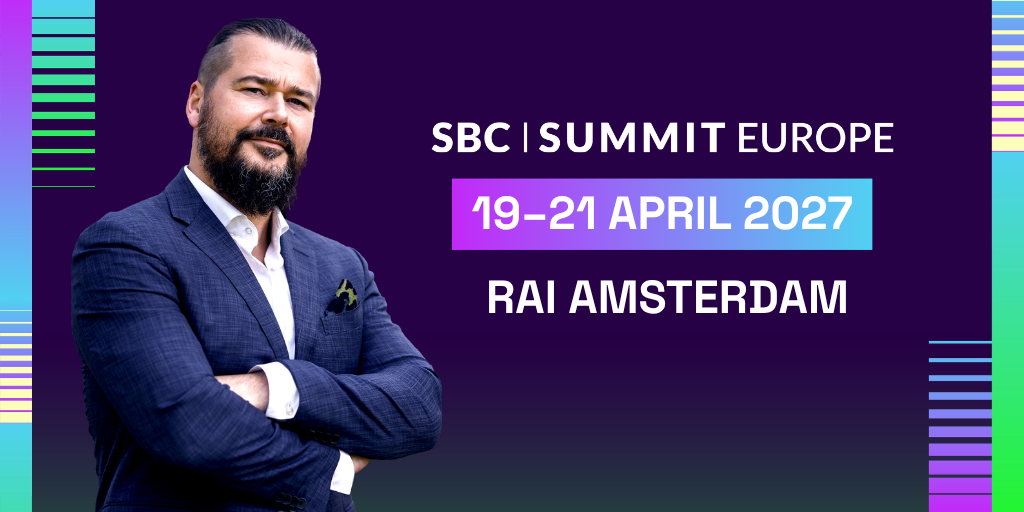 Rasmus Sojmark, CEO and Founder of SBC, pictured alongside SBC Summit Europe 2027 event details, taking place at RAI Amsterdam from 19–21 April 2027.